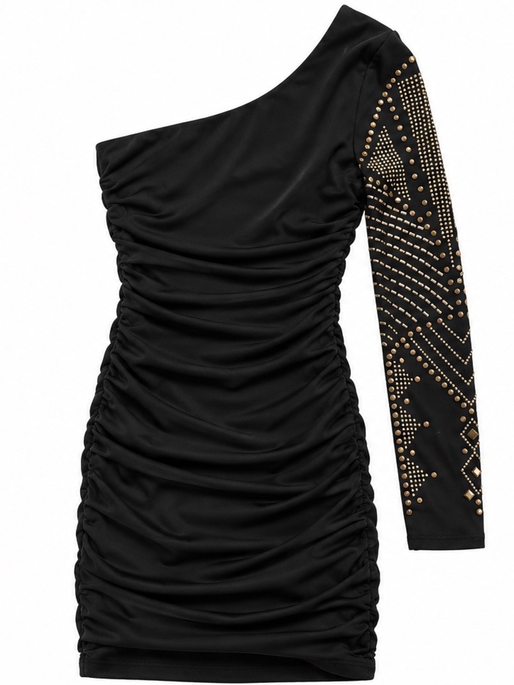 Stud-Embellished Black One-Shoulder Ruched Dress